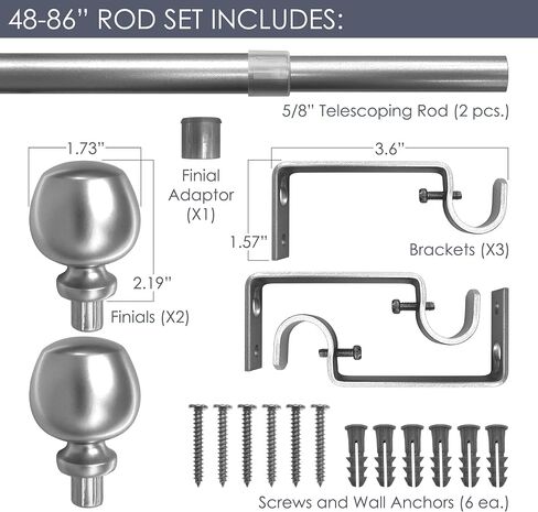 Morena 48-86 Inch Adjustable Curtain Rod Set, 5/8 Inch Diameter in Black in Kuwait