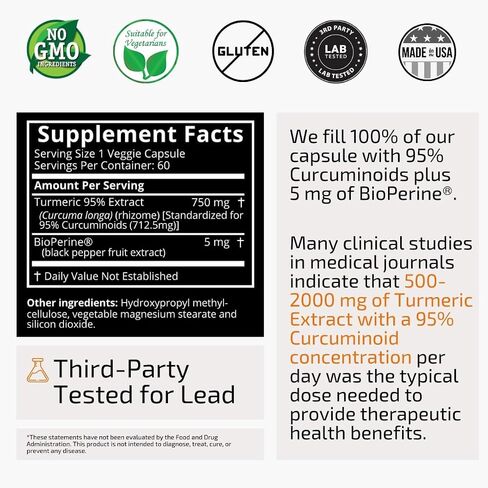 Turmeric Extract, Extra Strength with BioPerine® Black Pepper 750 mg Turmeric Extract per One 00" Capsule, Standardized 95% Curcuminoids, Non-GMO, 60 Veggie Capsules 60 Day Supply in Saudi Arabia