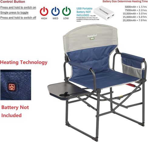 SUNNYFEEL Heated Camping Directors Chair, Heavy Duty,Oversized Outdoor Portable Heating Folding Chair with Side Table, Pocket for Beach, Fishing,Trip,Picnic,Lawn,Concert Foldable Camp Chairs in Kuwait