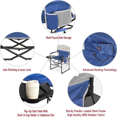 SUNNYFEEL Heated Camping Directors Chair, Heavy Duty,Oversized Outdoor Portable Heating Folding Chair with Side Table, Pocket for Beach, Fishing,Trip,Picnic,Lawn,Concert Foldable Camp Chairs in Kuwait