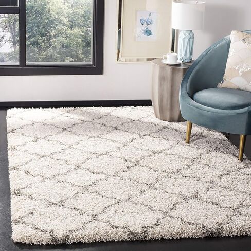 سجادة منطقة SAFAVIEH Hudson Shag - 8 × 10 بوصة، عاجي ورمادي، تصميم تعريشة مغربية، لا يتساقط ويسهل العناية به، سمك 2 بوصة مثالي للمناطق ذات الحركة العالية في غرفة المعيشة وغرفة النوم (SGH282A) in Saudi Arabia