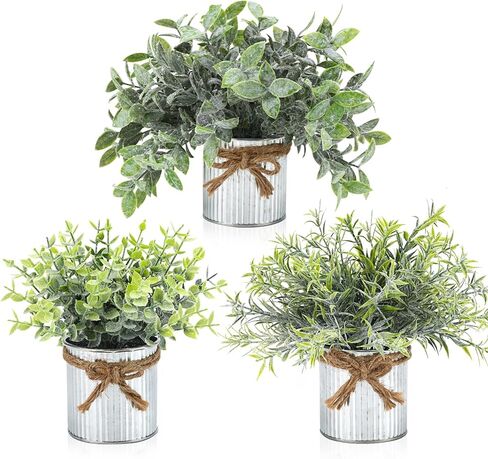 CEWOR 3 Pack Fake Potted Plants for Farmhouse Decor, Artificial Eucalyptus Metal Pots in Rustic Rectangular Pots Table Centerpiece for Dining Room Bathroom Desk Room Office Greenery Decor or Gift in Saudi Arabia