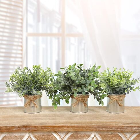 CEWOR 3 Pack Fake Potted Plants for Farmhouse Decor, Artificial Eucalyptus Metal Pots in Rustic Rectangular Pots Table Centerpiece for Dining Room Bathroom Desk Room Office Greenery Decor or Gift in Saudi Arabia