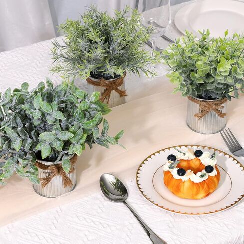 CEWOR 3 Pack Fake Potted Plants for Farmhouse Decor, Artificial Eucalyptus Metal Pots in Rustic Rectangular Pots Table Centerpiece for Dining Room Bathroom Desk Room Office Greenery Decor or Gift in Saudi Arabia
