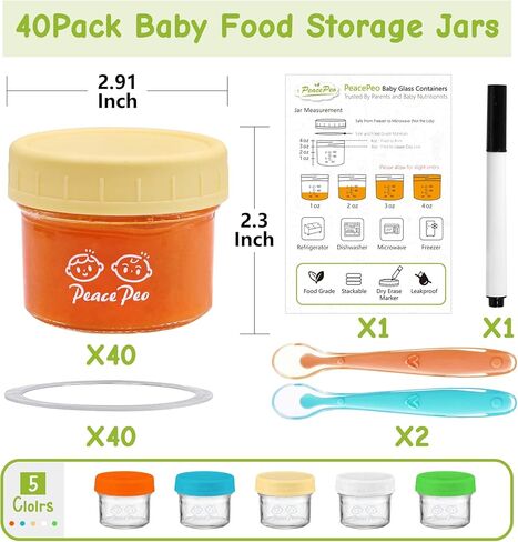 حاويات تخزين طعام الأطفال الزجاجية من PeacePeo سعة 118 مل، 40 قطعة من برطمانات طعام الأطفال الزجاجية المقاومة للتسرب مع أغطية، برطمانات تخزين طعام الأطفال قابلة لإعادة الاستخدام، آمنة للاستخدام في غسالة الأطباق للرضع والأطفال in Kuwait