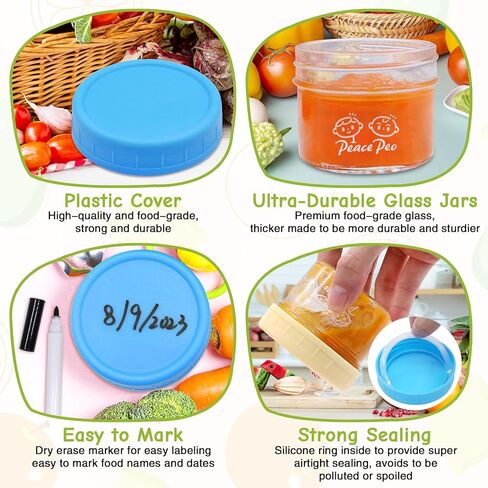 حاويات تخزين طعام الأطفال الزجاجية من PeacePeo سعة 118 مل، 40 قطعة من برطمانات طعام الأطفال الزجاجية المقاومة للتسرب مع أغطية، برطمانات تخزين طعام الأطفال قابلة لإعادة الاستخدام، آمنة للاستخدام في غسالة الأطباق للرضع والأطفال in Kuwait