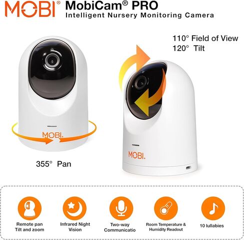 جهاز مراقبة الأطفال الذكي MobiCam PRO: دقة عالية كاملة، عموم وإمالة، رؤية ليلية ملونة، تتبع الحركة، 10 تهويدات، قراءات لدرجة الحرارة والرطوبة. يدعم التخزين السحابي وSD، متوافق مع التطبيقات الذكية in Kuwait