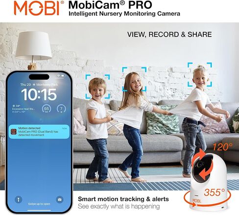 جهاز مراقبة الأطفال الذكي MobiCam PRO: دقة عالية كاملة، عموم وإمالة، رؤية ليلية ملونة، تتبع الحركة، 10 تهويدات، قراءات لدرجة الحرارة والرطوبة. يدعم التخزين السحابي وSD، متوافق مع التطبيقات الذكية in Kuwait