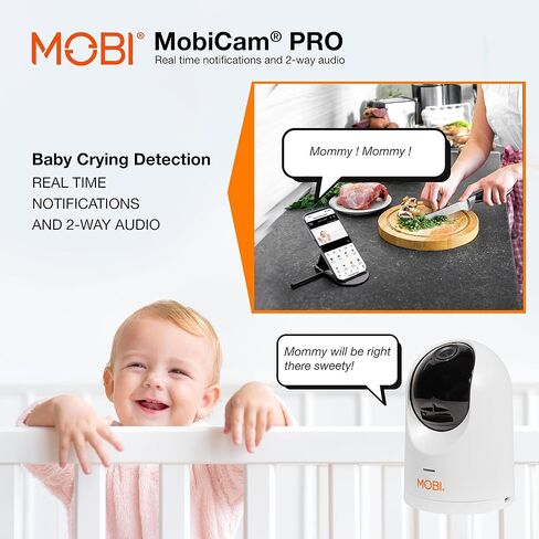 جهاز مراقبة الأطفال الذكي MobiCam PRO: دقة عالية كاملة، عموم وإمالة، رؤية ليلية ملونة، تتبع الحركة، 10 تهويدات، قراءات لدرجة الحرارة والرطوبة. يدعم التخزين السحابي وSD، متوافق مع التطبيقات الذكية in Kuwait