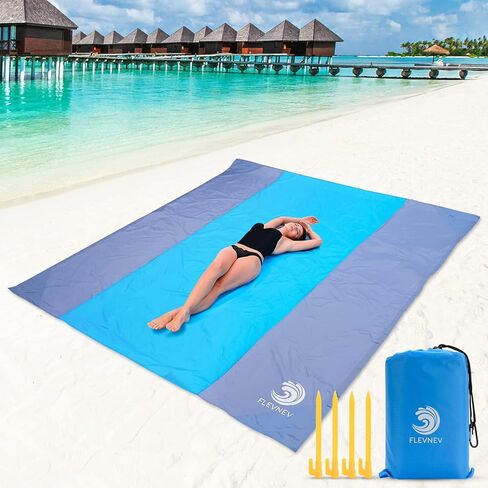 بطانية شاطئ Flevnev مقاومة للرمل ومقاومة للماء كبيرة الحجم، كبيرة جدًا مقاس 9'x10'، سجادة شاطئ خالية من الرمال مع 4 أوتاد و4 جيوب زاوية لسبعة أشخاص بالغين (9'x10')... in Kuwait