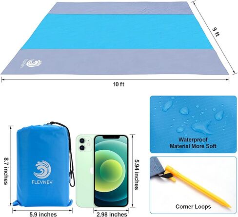 بطانية شاطئ Flevnev مقاومة للرمل ومقاومة للماء كبيرة الحجم، كبيرة جدًا مقاس 9'x10'، سجادة شاطئ خالية من الرمال مع 4 أوتاد و4 جيوب زاوية لسبعة أشخاص بالغين (9'x10')... in Kuwait