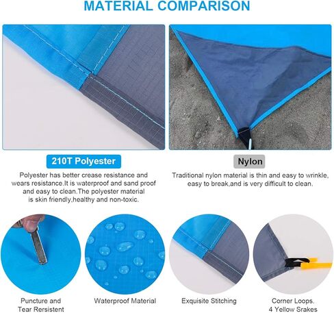 بطانية شاطئ Flevnev مقاومة للرمل ومقاومة للماء كبيرة الحجم، كبيرة جدًا مقاس 9'x10'، سجادة شاطئ خالية من الرمال مع 4 أوتاد و4 جيوب زاوية لسبعة أشخاص بالغين (9'x10')... in Kuwait