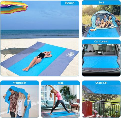 بطانية شاطئ Flevnev مقاومة للرمل ومقاومة للماء كبيرة الحجم، كبيرة جدًا مقاس 9'x10'، سجادة شاطئ خالية من الرمال مع 4 أوتاد و4 جيوب زاوية لسبعة أشخاص بالغين (9'x10')... in Kuwait