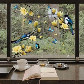 Static Window Clings Spring Flower Birds Butterfly Window Stickers Reusable DIY Floral Tree Branches Window Decals Double Sided Anti Collision Non-Adhesive Window Cling for Home Office Decor (Blue)