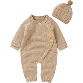 Geogenry Newborn Baby Girls Boys Sweater Jumpsuit Winter Knit Romper Clothes Button Solid Bodysuit Jumpsuit Hat 2pcs Outfit