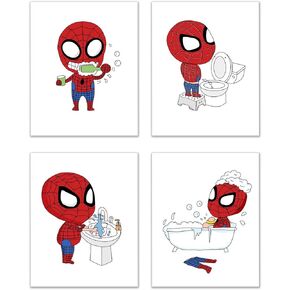 مطبوعات حمام سبايدرمان - مجموعة من 4 قطع (8 انش × 10 انش) ديكور فني للحائط in Kuwait