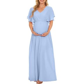 Narcissus Womens V Neck Short Bell Sleeve Maternity Dress/Flowy Summer Maternity Maxi Dress Baby Shower Photoshoot in Kuwait