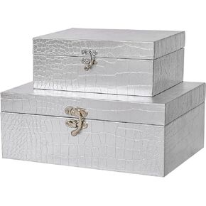 JUMBO HUMBLE Set of 2 Wooden Decorative Nesting Storage Boxes, Silver Crocodile Leather with Clasp for Home Kitchen Living Room, Ideal Gift for Wedding Memories Jewelry Trinket