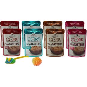 طعام القطط من Wellness CORE Tiny Tasters الخالي من الحبوب، 4 نكهات، 8 أكياس بالإضافة إلى 2 حزمة عينات من الألعاب، (2) لكل منها: لحم البقر الدجاج، سمك السلمون التونة، الدجاج الرومي، البط (1.75 أونصة) in Kuwait