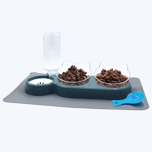 Triple Cat Bowls with Water Dispenser, Pet Whisker Friendly Water and Food Bowl Set with Non-Slip Mat, 15° Tilted Double Feeding Bowls, Elevated Wet and Dry Food Dish for Kitten&Small Dog (Blue) in Kuwait