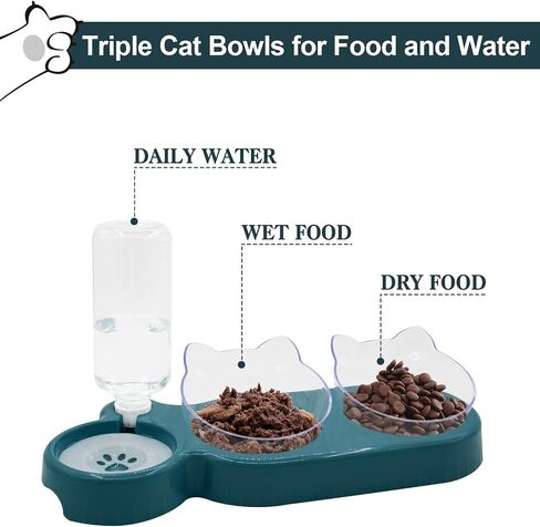 Triple Cat Bowls with Water Dispenser, Pet Whisker Friendly Water and Food Bowl Set with Non-Slip Mat, 15° Tilted Double Feeding Bowls, Elevated Wet and Dry Food Dish for Kitten&Small Dog (Blue) in Kuwait