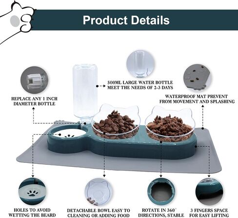Triple Cat Bowls with Water Dispenser, Pet Whisker Friendly Water and Food Bowl Set with Non-Slip Mat, 15° Tilted Double Feeding Bowls, Elevated Wet and Dry Food Dish for Kitten&Small Dog (Blue) in Kuwait
