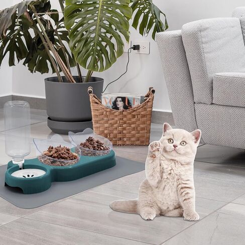 Triple Cat Bowls with Water Dispenser, Pet Whisker Friendly Water and Food Bowl Set with Non-Slip Mat, 15° Tilted Double Feeding Bowls, Elevated Wet and Dry Food Dish for Kitten&Small Dog (Blue) in Kuwait