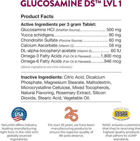 NaturVet Glucosamine DS Plus Level 2 Moderate, Joint Care Support Supplement for Dogs and Cats, Soft Chews, Made in The USA, 120 Count in Kuwait