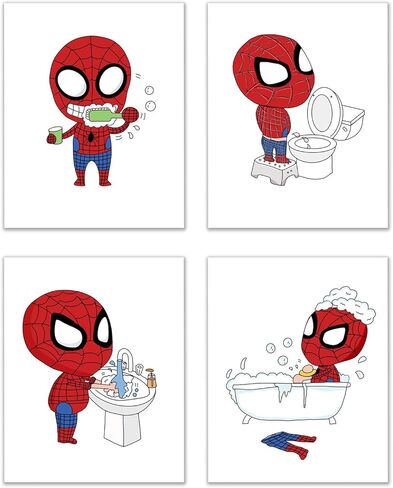 مطبوعات حمام سبايدرمان - مجموعة من 4 قطع (8 انش × 10 انش) ديكور فني للحائط in Kuwait