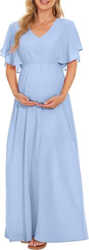 Narcissus Womens V Neck Short Bell Sleeve Maternity Dress/Flowy Summer Maternity Maxi Dress Baby Shower Photoshoot in Kuwait