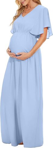 Narcissus Womens V Neck Short Bell Sleeve Maternity Dress/Flowy Summer Maternity Maxi Dress Baby Shower Photoshoot in Kuwait