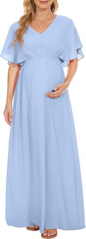 Narcissus Womens V Neck Short Bell Sleeve Maternity Dress/Flowy Summer Maternity Maxi Dress Baby Shower Photoshoot in Kuwait