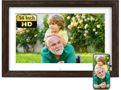 إطار صورة رقمي كبير مقاس 14 بوصة من NexFoto بسعة 32 جيجابايت مع جهاز تحكم عن بعد، وإطار خشبي للصور الرقمية WiFi مع شاشة تعمل باللمس IPS، وسهل مشاركة الصور أو مقاطع الفيديو عبر التطبيق، هدية للأجداد in Kuwait