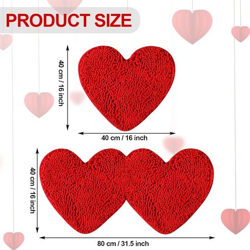 Tinideya 2 Pcs Valentine's Day Heart Red Bathroom Rugs Heart Shaped Rug Chenille Floor Love Non Slip Bath Mat Shag Indoor Outdoor Doormats Entrance Welcome Carpet, 31.5 x 16 Inch, 16 x 16 Inch, Red in Kuwait