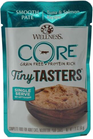 طعام القطط من Wellness CORE Tiny Tasters الخالي من الحبوب، 4 نكهات، 8 أكياس بالإضافة إلى 2 حزمة عينات من الألعاب، (2) لكل منها: لحم البقر الدجاج، سمك السلمون التونة، الدجاج الرومي، البط (1.75 أونصة) in Kuwait