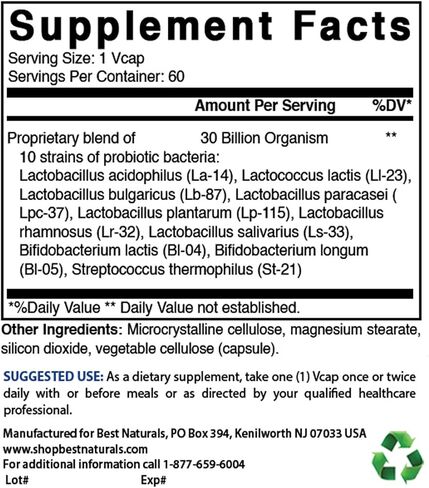 Best Naturals Probiotic 10 Strains & 30 Billion CFU Intestinal Flora, 60 Veggie Capsules (60 Count (Pack of 1)) in Saudi Arabia