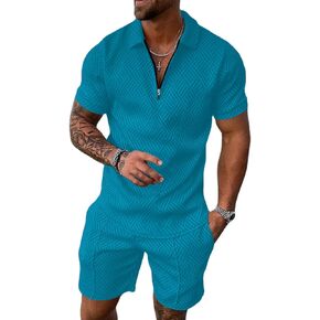 Aulemen Mens 2 Piece Zip Tracksuit Short Sleeve Print Polo Shirt and Shorts Sets Summer Outfits for Men in Kuwait