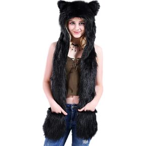 Malaxlx Winter Faux Fur Fluffy Furry Animal Hood Hat with Ears Scarf Paws Prints Pocket Mittens Gloves 3 in 1 Combo in Saudi Arabia