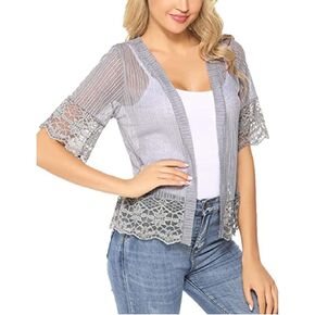 Women Solid Color Lace Cardigan Open Front Shrug Hollow Patchwork Sheer Short Sleeve Bolero Cover-Up Blouse Tops