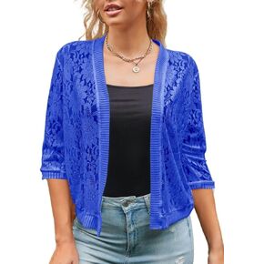 Xunger Women’s 3/4 Sleeve Lace Cardigan Casual Open Front Floral Lace Shrug Summer Cover Up