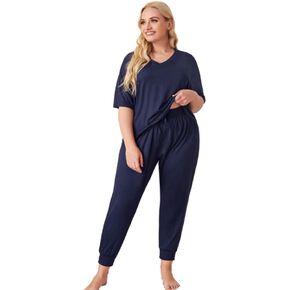 OYOANGLE Women's Plus Size 2 Piece Short Sleeve Pajama Set Letter Tshirt and Pants Lounge Set Sleepwear