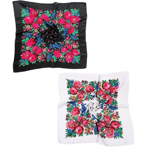 2 PCS Russian Ethnic Scarf Square Head Hair Scarves Printed Cotton Flowe Neck Scarf for Women Girls in Kuwait