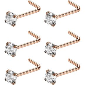 6ixGosh 6pcs 20g Nose Studs Black Rose Gold Nose Rings Stainless Steel L Shaped Corkscrew Nose Ring Studs for Women Men Small Cute Nose Rings Stud 3mm Cz Nostril Piercing Jewelry in Kuwait