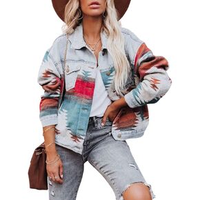 happlan Aztec Denim Jacket For Women Lapel Button Down Print Shirt Coat Shacket