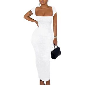 Doweha Women's Square Neck Long Sleeve Maxi Dress Sexy Knit Bodycon Long Dress for Women