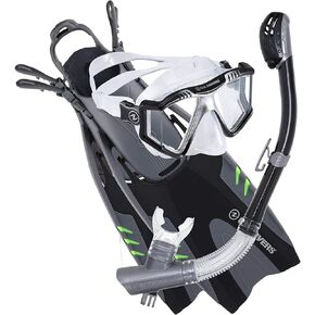 U.S. Divers Lux Adult Snorkel Set - 4-Window Panoramic View Mask, Dry Top Snorkel Technology, Vented Blades Fin Design | Unisex Adult, Small/Medium (Men 4-8.5, Women 5-9.5), Black/Silver,SR239O0115SM in Kuwait