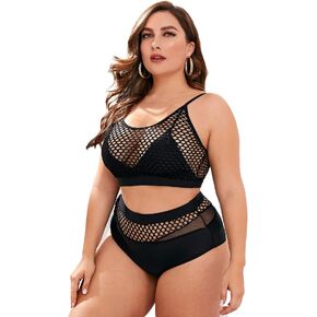 Floerns Women's Plus Size Bathing Suit Fishnet High Waist Bikini Set Rave Outfit
