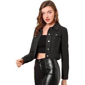 Allegra K Women's Slim Fit Button Down Long Sleeves Casual Cropped Denim Jean Jacket