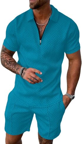Aulemen Mens 2 Piece Zip Tracksuit Short Sleeve Print Polo Shirt and Shorts Sets Summer Outfits for Men in Kuwait