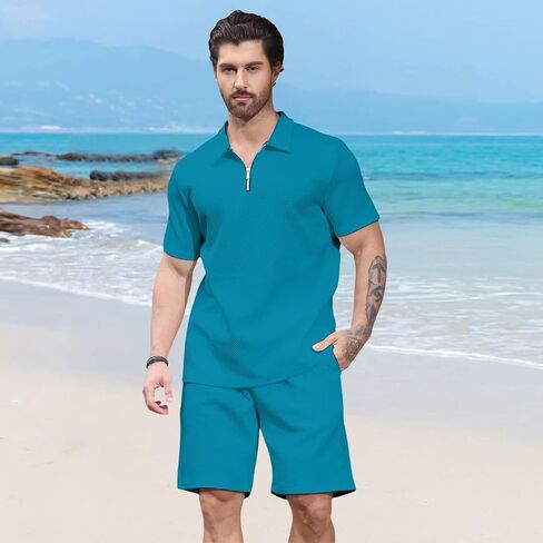 Aulemen Mens 2 Piece Zip Tracksuit Short Sleeve Print Polo Shirt and Shorts Sets Summer Outfits for Men in Kuwait